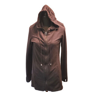 Womans Mode de Vie Long Charcoal Hooded Sweatshirt 2 Way Zip Up sz 8 Thumb Holes